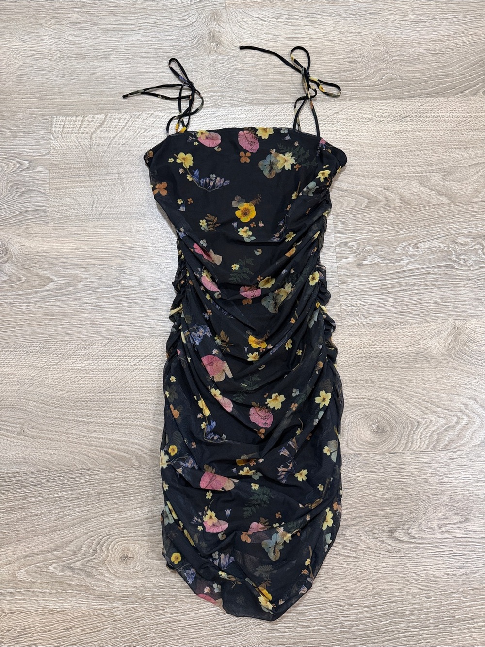 Aritzia Black Floral Ruched Slip Dress with Tie Straps